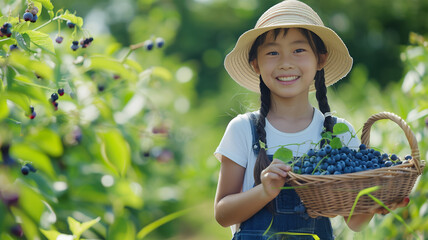 ブルーベリー畑でブルーベリーを摘む日本の少女