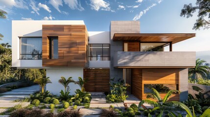 suburban modern home with a dual-texture facade, combining wood panels and smooth stucco, set against a lush landscape