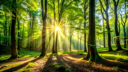 Obraz premium The Serene Symphony of a Sunlit Forest: Where Golden Rays Dance Among Verdant Canopy Generative AI Algorithmic art