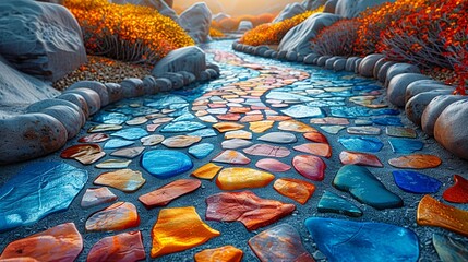 Colorful stone paths meander through vibrant landscapes with a variety of hues creating a picturesque and inviting scene perfect for nature-themed backgrounds Background Illustration, Bright color