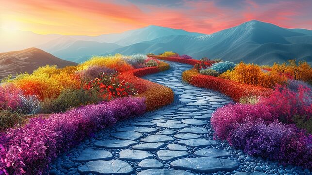 Colorful stone paths meander through vibrant landscapes with a variety of hues creating a picturesque and inviting scene perfect for nature-themed backgrounds Background Illustration, Bright color