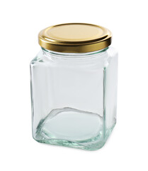 One empty glass jar isolated on white
