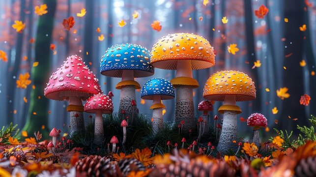 Brightly colored mushrooms add a touch of whimsy and vibrancy to any project with their unique shapes and colors perfect for enchanting backgrounds Background Illustration, Bright color tones, ,