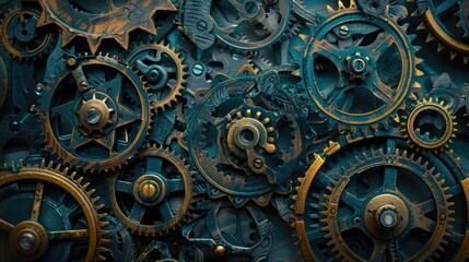 A close up of a clock with many gears. The gears are gold and black. The clock is old and has a vintage look