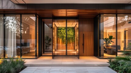 Contemporary suburban entry with a large, custom-made wooden door flanked by glass panels that provide a peek into the modern interior