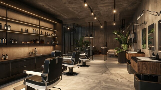 A modern barbershop interior with black leather chairs, shelves stocked with products, and a sleek, minimalist design.