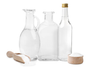 Vinegar in different glassware isolated on white, set