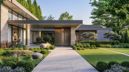 Fototapeta premium Contemporary suburban home with a large, pivoting front door and a pathway flanked by modern, sculptural landscaping