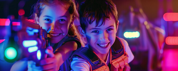 Two ten year old kids playing laser tag in an indoor space. Children wearing goggles and holding laser guns. Active and fun leisure for big kids and teenagers.