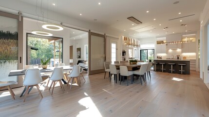 Contemporary suburban home with a large, open-plan living area that includes sliding walls to easily reconfigure the space for different needs or events