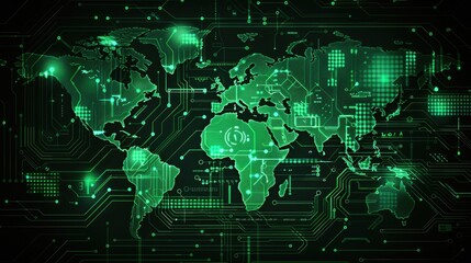 A green computer screen with a map of the world on it. The map is made up of many small squares and the colors are bright and vibrant. Scene is one of technology and innovation