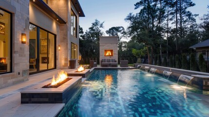 Fototapeta premium Contemporary suburban home with a luxurious outdoor pool that features underwater lighting and a nearby fire pit for evening relaxation