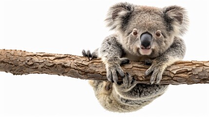 Naklejka premium Adorable Koala Bear Hanging on Tree Branch in Brightly Lit Studio on White Background