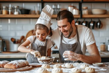 A man and a little girl are in a kitchen, making doughnuts. The man is wearing an apron and the girl is wearing a chef hat. They are both smiling and seem to be enjoying themselves