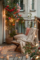 Obraz premium Cozy balcony with comfy wooden chair, pillows and blankets, string lights and house plants in flower pots. Charming sunny evening in summer city.