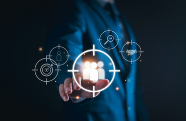 Marketing customer target and digital human recruitment HR concept, business man searching customer...