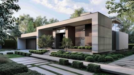 Fototapeta premium Contemporary suburban house with a minimalist approach to its front yard, focusing on symmetry and clean lines in the landscaping