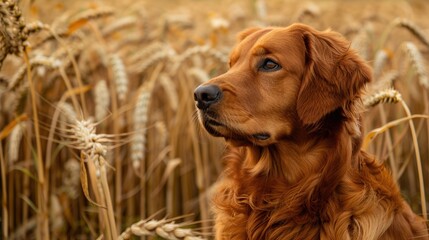 Brown retriever dog rests on wheat field