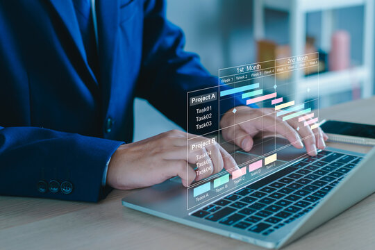 Project plan and manage concept. Project manager update tasks and milestones progress plan schedule interface program. Digital business project timeline manage. Business planning software technology