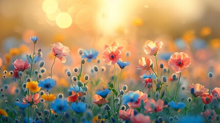 Obraz premium Colorful spring meadows burst with life and color showcasing a variety of blooms in full glory ideal for nature-inspired backgrounds Background Illustration, Bright color tones, , Minimalism,