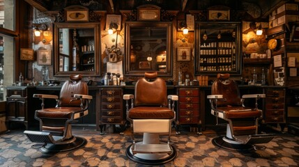 A classic barber shop chair sits in the center of the room, surrounded by dark wood and antique decor. The chair is leather and chrome, with a white footrest.