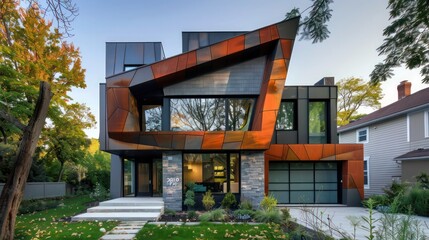 Contemporary suburban house with a unique, angular facade and a color scheme that enhances its modern architecture