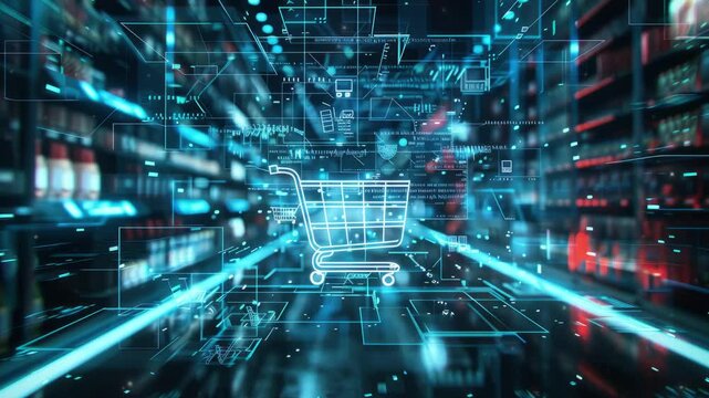 Artificial Intelligence in Retail concept, featuring a high-tech background and a prominent shopping cart symbol, symbolizing the integration of AI in shopping experiences. 
