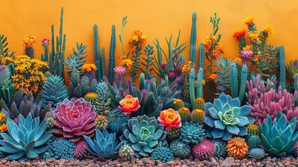 Brightly colored succulents add a touch of desert beauty with their vibrant hues and unique shapes perfect for southwestern-themed backgrounds Background Illustration, Bright color tones, ,