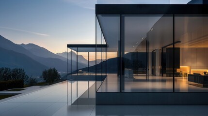 Contemporary suburban property with seamless glass walls and minimalist steel frames, highlighting an unobstructed view of the mountains
