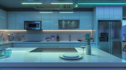 Mid-century modern suburban kitchen with a central automation hub that controls all kitchen devices, from the refrigerator to the oven, ensuring culinary perfection every time