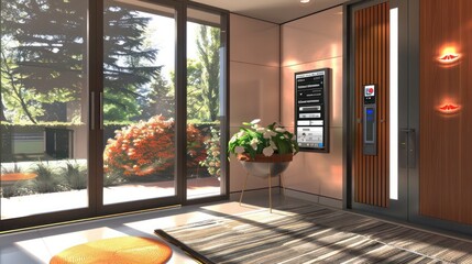 Mid-century modern suburban entryway with a smart door system that includes custom security features like retina scanning and personalized welcome messages for family members