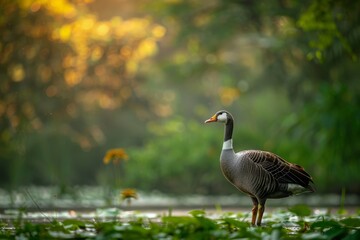 Fototapeta premium Full body view of Bar-headed Goose in natural habitat, full body shot, full body View