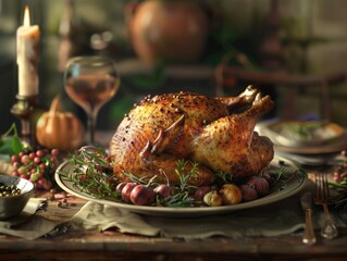 roasted chicken on table - ai