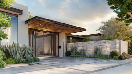 Fototapeta premium Modern suburban entry with a custom, artistic gate that contrasts with the simple, clean lines of the home's architecture
