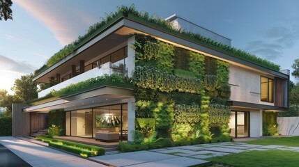 Fototapeta premium Modern suburban home with an integrated vertical garden wall that brings a touch of green to its minimalist exterior