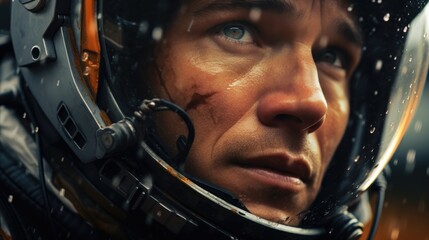 Fototapeta premium Astronaut in spacesuit with bloodied face in fiery post-apocalyptic landscape