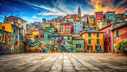 Fototapeta premium Vintage Italian cityscape featuring colorful graffiti wall art , Italy, city, urban, vintage, street art, graffiti