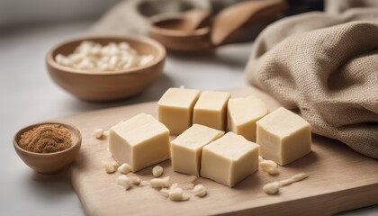 Soy Bean curd tofu on cutting board and in hemp sack on white wooden kitchen table