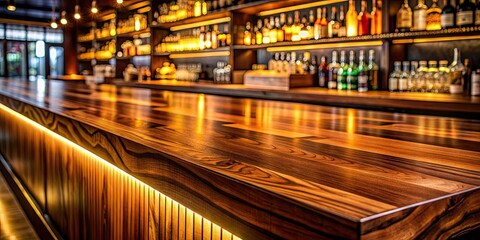 Close-up view of a polished wooden bar counter in a dimly lit nightclub or bar , nightlife, atmosphere, interior