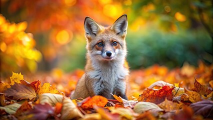 Fototapeta premium Adorable fox in a playful pose surrounded by colorful autumn leaves, cute, furry, animal, forest, nature, wildlife, adorable