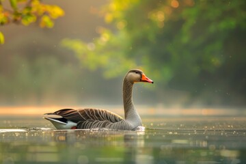 Obraz premium Full body view of Greylag Goose swimming in lake natural habitat, full body shot, full body View