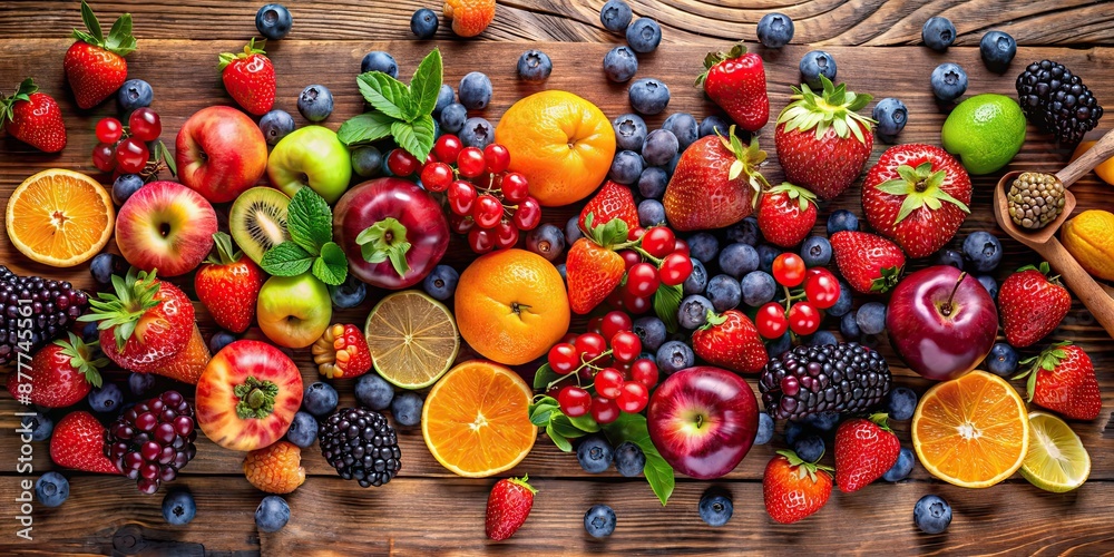 Poster A variety of fresh fruits and berries laid out beautifully on a wooden table, healthy, organic, natural