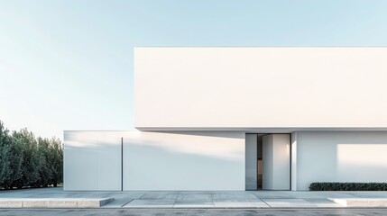 Modern suburban house with a minimalist approach to design, featuring a stark white facade and hidden doors that blend seamlessly
