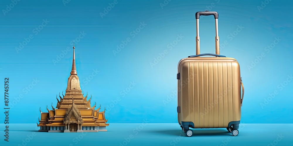 Wall mural Baggage with Thai temple merging on azure background, travel to Thailand concept , Thailand, landmark, temple, travel