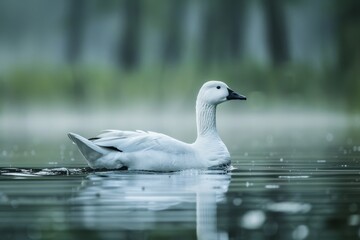 Fototapeta premium Full body view of Ross's Goose swimming in lake natural habitat, full body shot, full body View