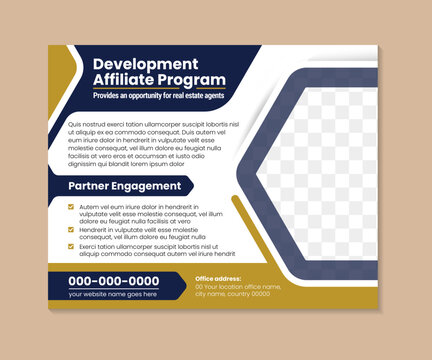 development affiliate program social web page banner in Flat Vector Conceptual Illustration with half hexagon space for photo collage. combination blue and gold colors. template for web landing page