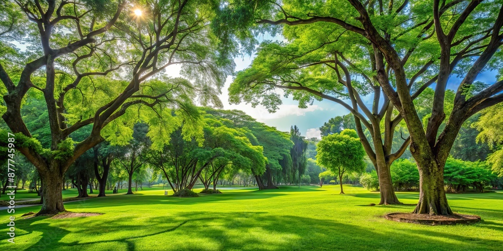 Poster Tranquil scene of lush greenery with towering trees in a serene park setting, big trees, nature, park, forest