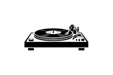 illustration of Retro turntable style with DJ console in black and white colors.