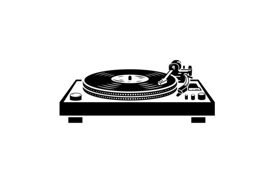 illustration of Retro turntable style with DJ console in black and white colors.