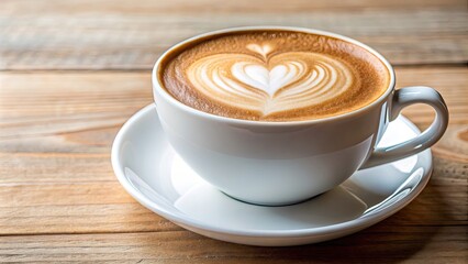 Close-up of a creamy cappuccino in a white cup with a heart-shaped foam design , coffee, espresso, drink, frothy, delicious